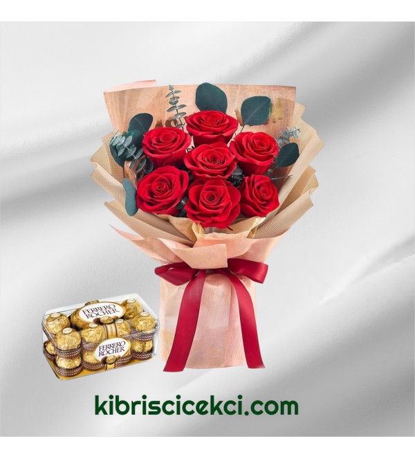 7 Kırmızı Gül Buketi 16'lı Ferrero Çikolata 7 Kırmızı Gül Buketi 16'lı Ferrero Çikolata